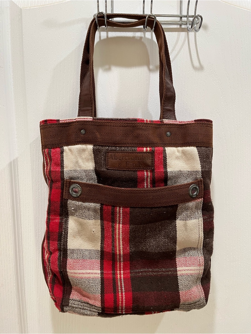 Abercrombie & Fitch Red, Brown & Cream Plaid Canvas Messenger Tote